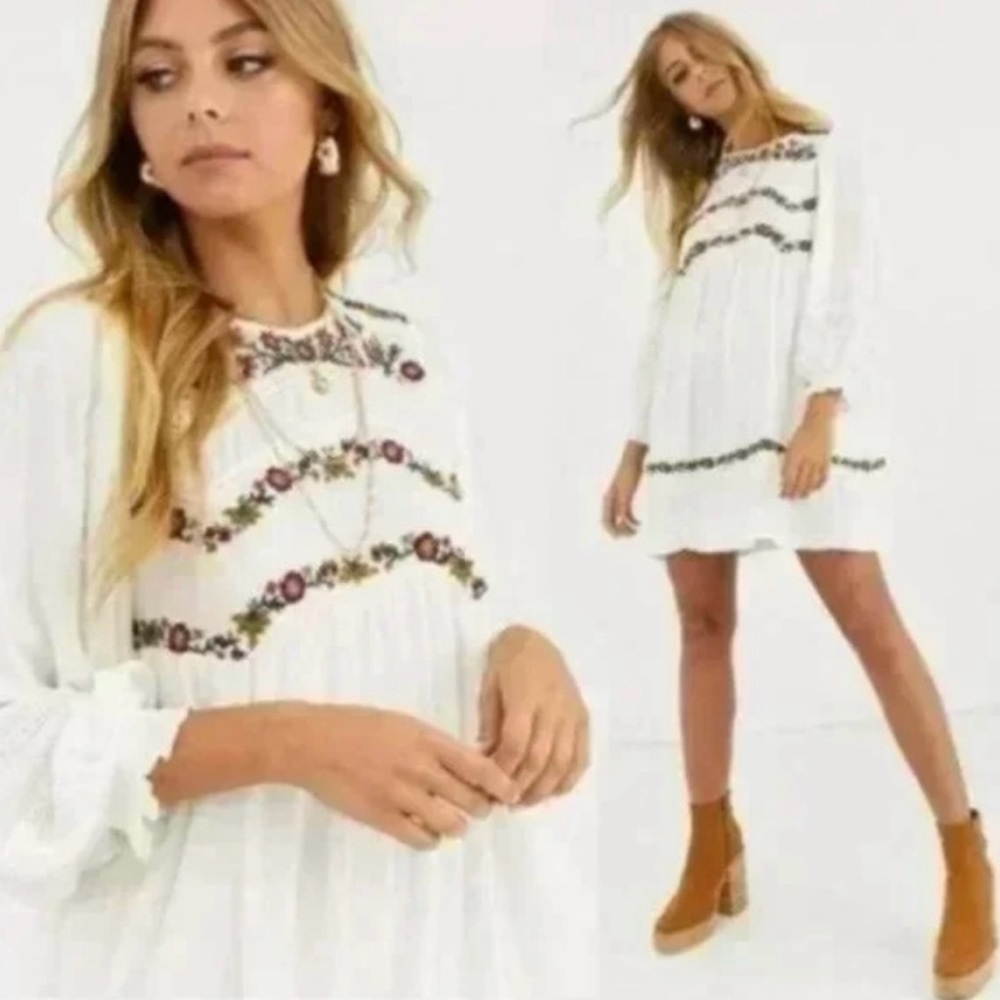 Free People Pasadena bohemian gauzy white embroidered dress sz small boho fairy